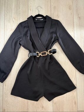 Zara Black Satin-Look Chain Belt Romper